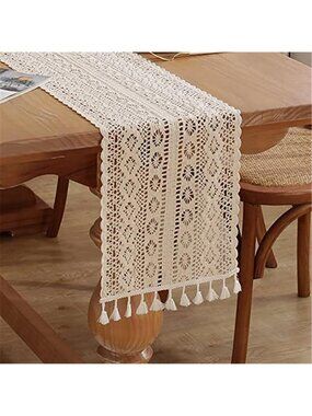 Crochet Lace Table Runner Boho Cotton Farmhouse Table Decor Tassel 10x48